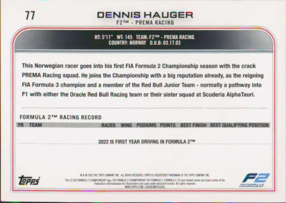 Dennis Hauger Formula 2 racing card with biographical and statistical details