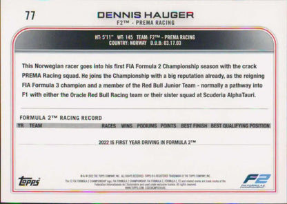 Dennis Hauger Formula 2 racing card with biographical and statistical details