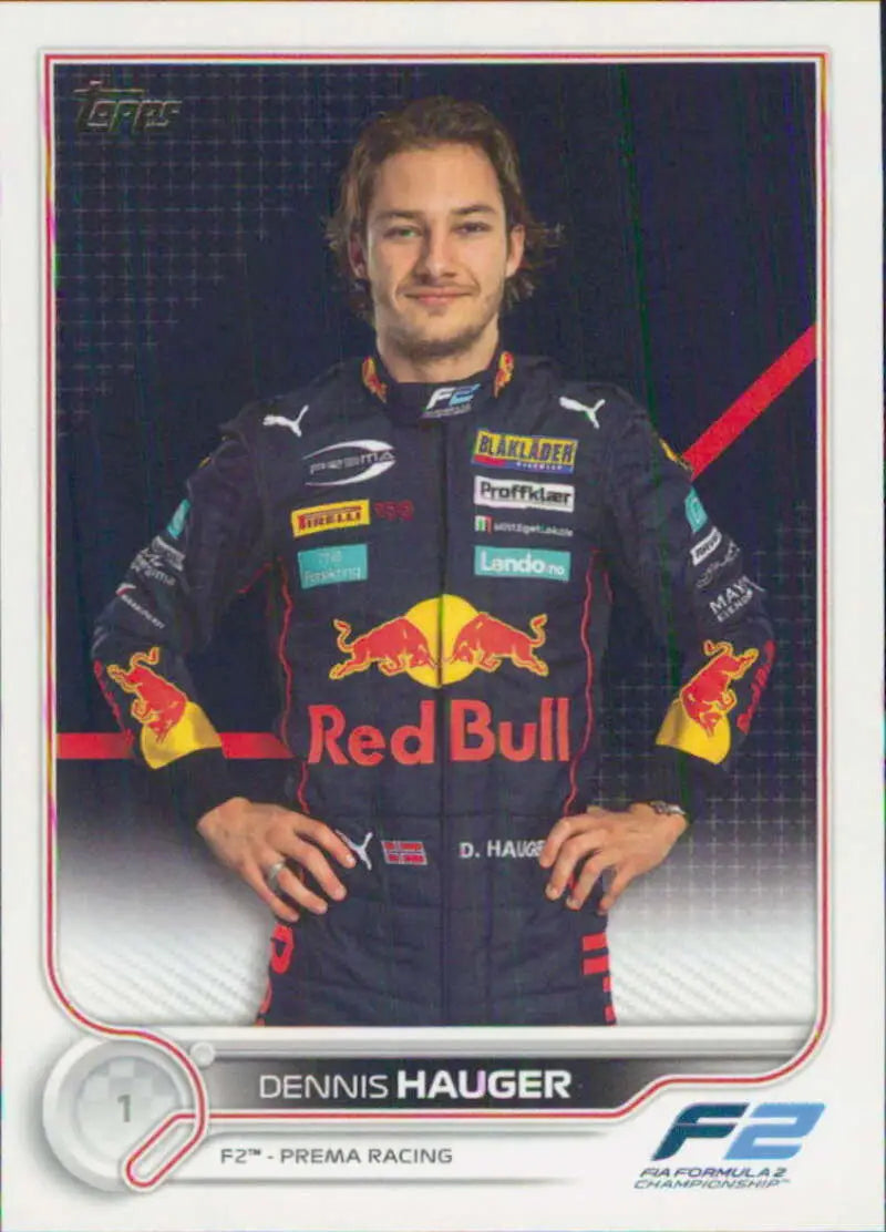 Dennis Hauger Racing Card from 2022 Topps Formula 1 featuring Prema Racing in Red Bull overalls