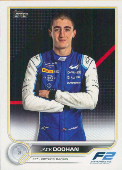 Jack Doohan in blue and white racing overalls on 2022 Topps Formula 1 racing card