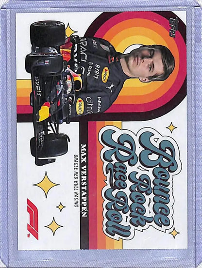 Racing car trading card of Max Verstappen in Red Bull livery by Topps Formula 1