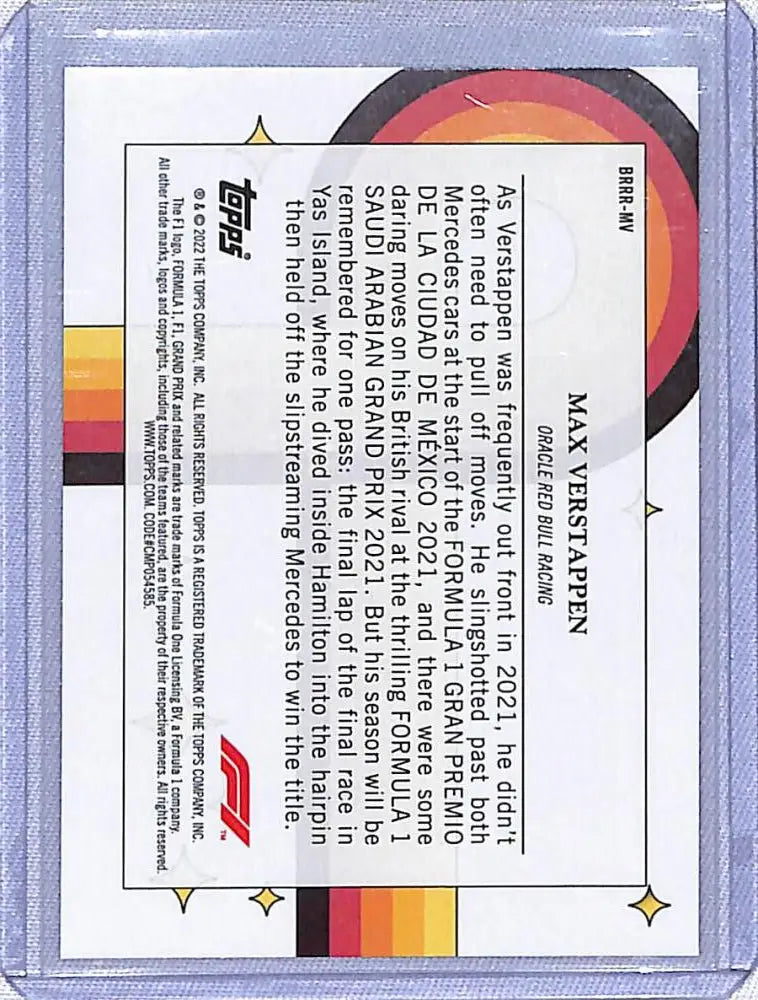 Back of 2022 Topps Formula 1 Max Verstappen Red Bull trading card design