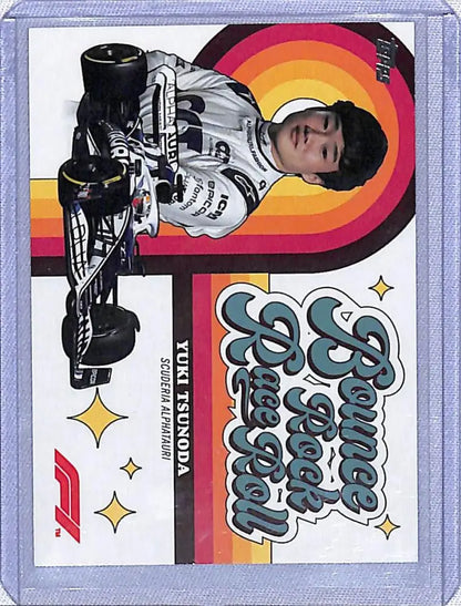 Racing car trading card featuring Yuki Tsunoda in retro design with sunset graphics