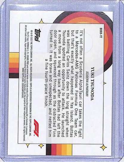 Trading card featuring Yuki Tsunoda with a red, black, and yellow design for Topps Formula