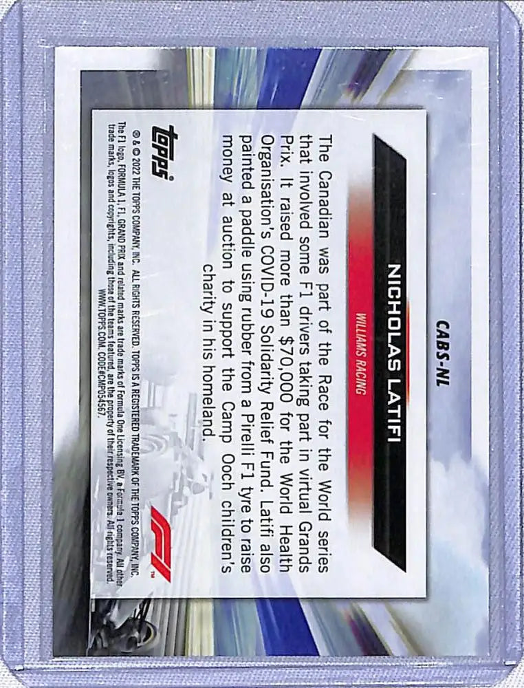 Nicholas Latifi Topps Formula 1 trading card in protective sleeve NM-MT condition