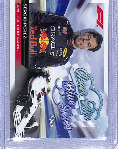 Formula 1 trading card of Sergio Perez in Red Bull uniform and car from Topps Formula