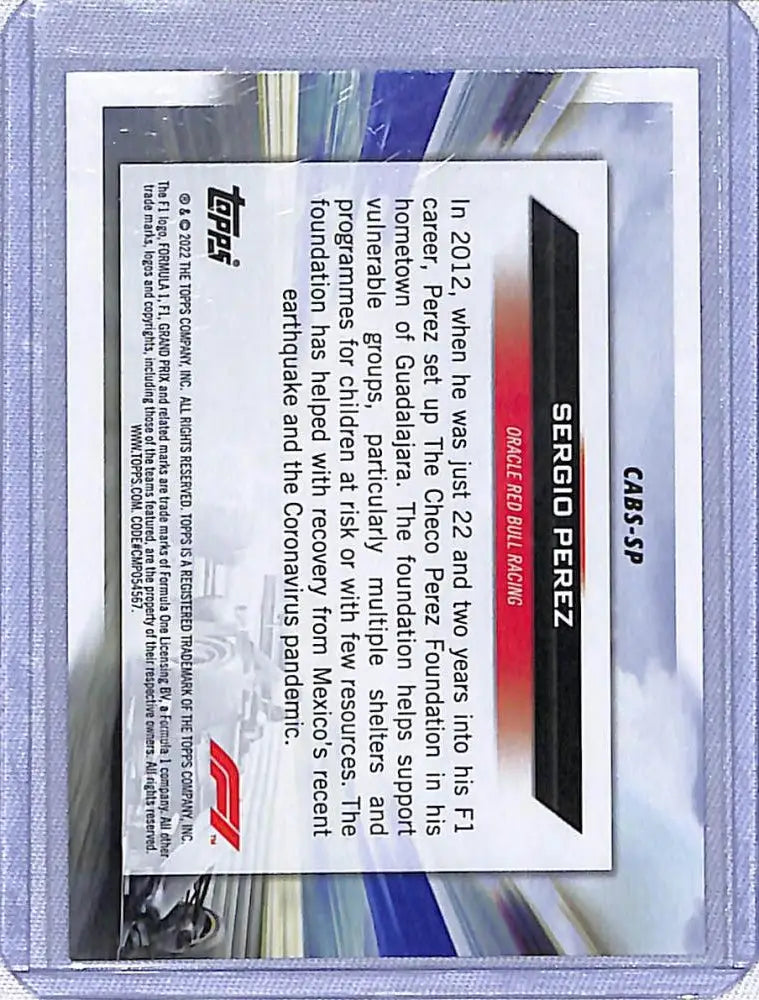 Sergio Perez Topps Formula 1 trading card in protective sleeve for Red Bull fans