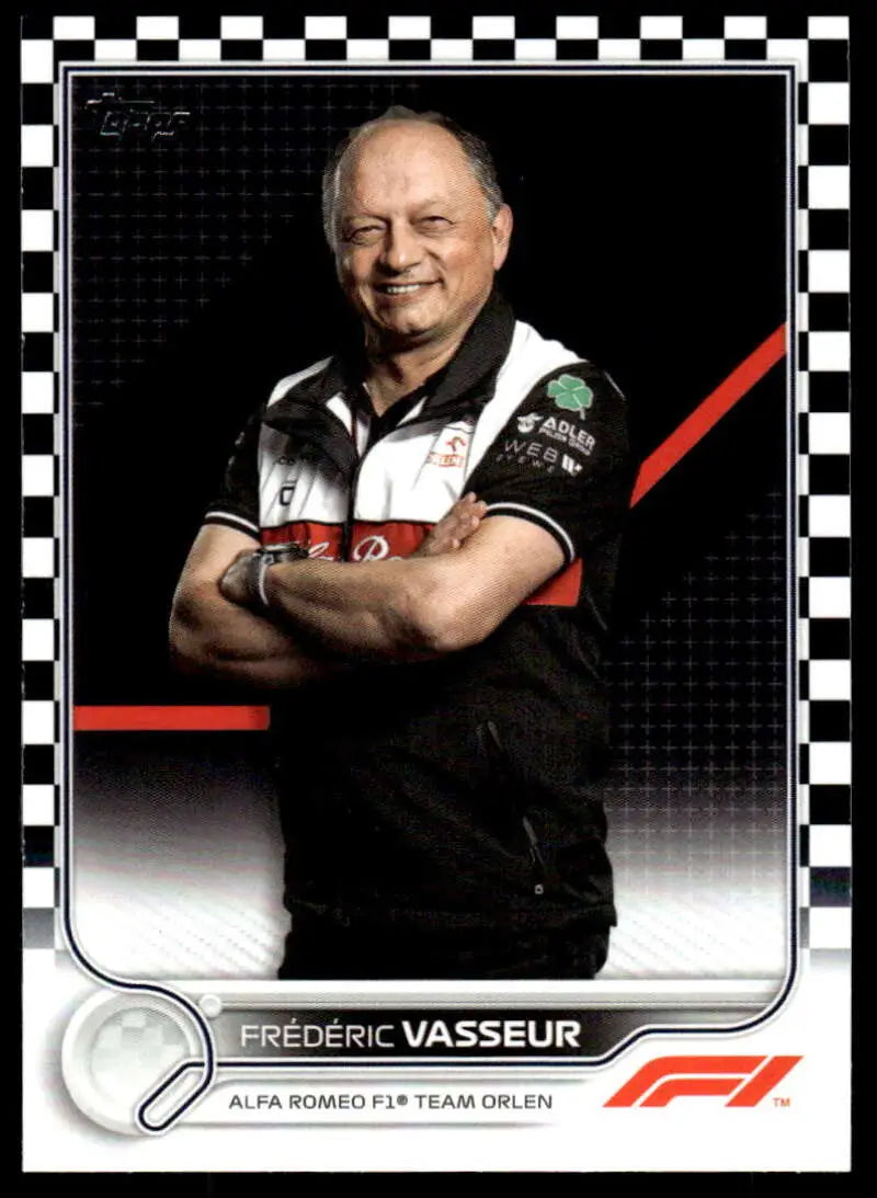 Alfa Romeo team member in uniform poses with crossed arms for Frederic Vasseur racing card