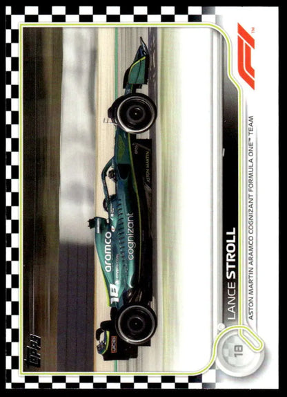 Dark green Formula 1 racing car with aerodynamic bodywork on Topps Formula 1 Checker Flag card