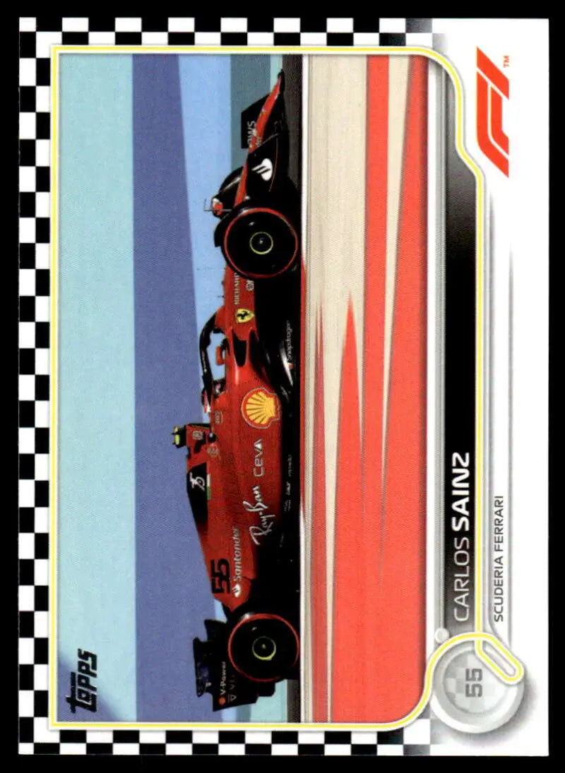 Red Formula 1 racing car with Shell livery featured on Carlos Sainz Checker Flag card