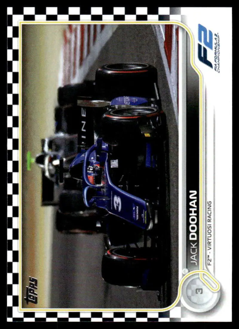 Formula 1 racing car in dark blue and black livery on Jack Doohan Topps Formula card