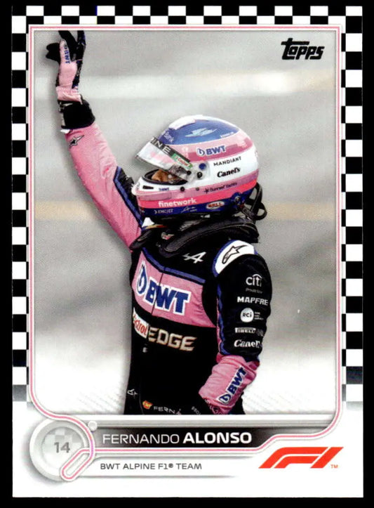 Fernando Alonso celebrating in BWT Alpine F1 uniform on 2022 Topps Formula Checker Flag card