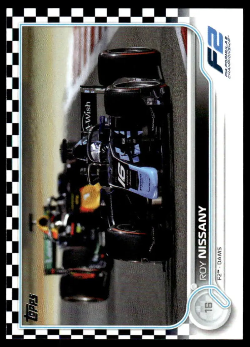 Black Formula 1 racing car with blue accents on track in Topps Formula 1 Checker Flag card