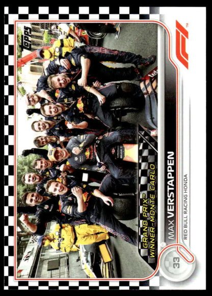 Racing team victory celebration card featuring Max Verstappen with a checker flag design