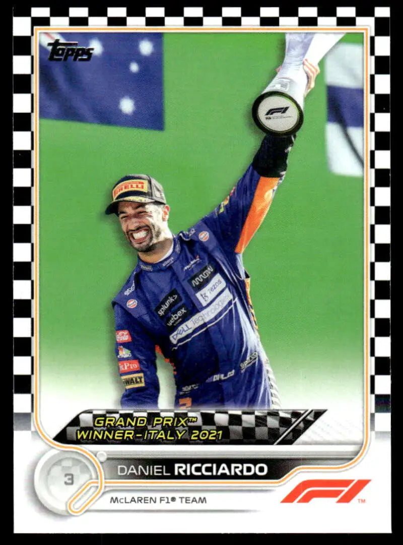 Daniel Ricciardo celebrating victory on 2022 Topps Formula 1 Checker Flag racing card