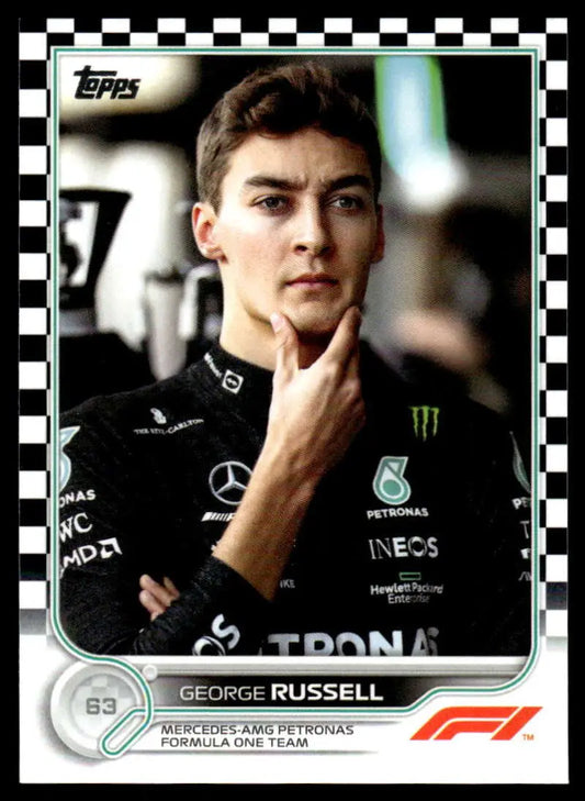 Topps Formula 1 Checker Flag card featuring George Russell with checkered border design