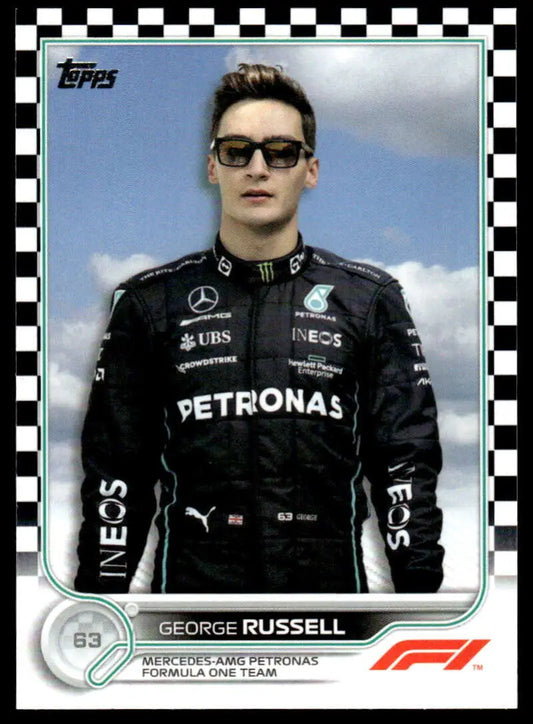 George Russell in black Petronas Mercedes uniform on 2022 Topps Checker Flag racing card