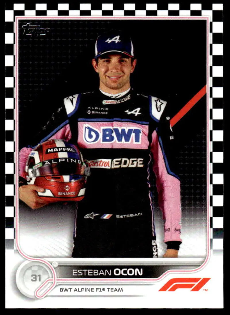 Esteban Ocon BWT Alpine F1 Team racing card featuring helmet in team uniform