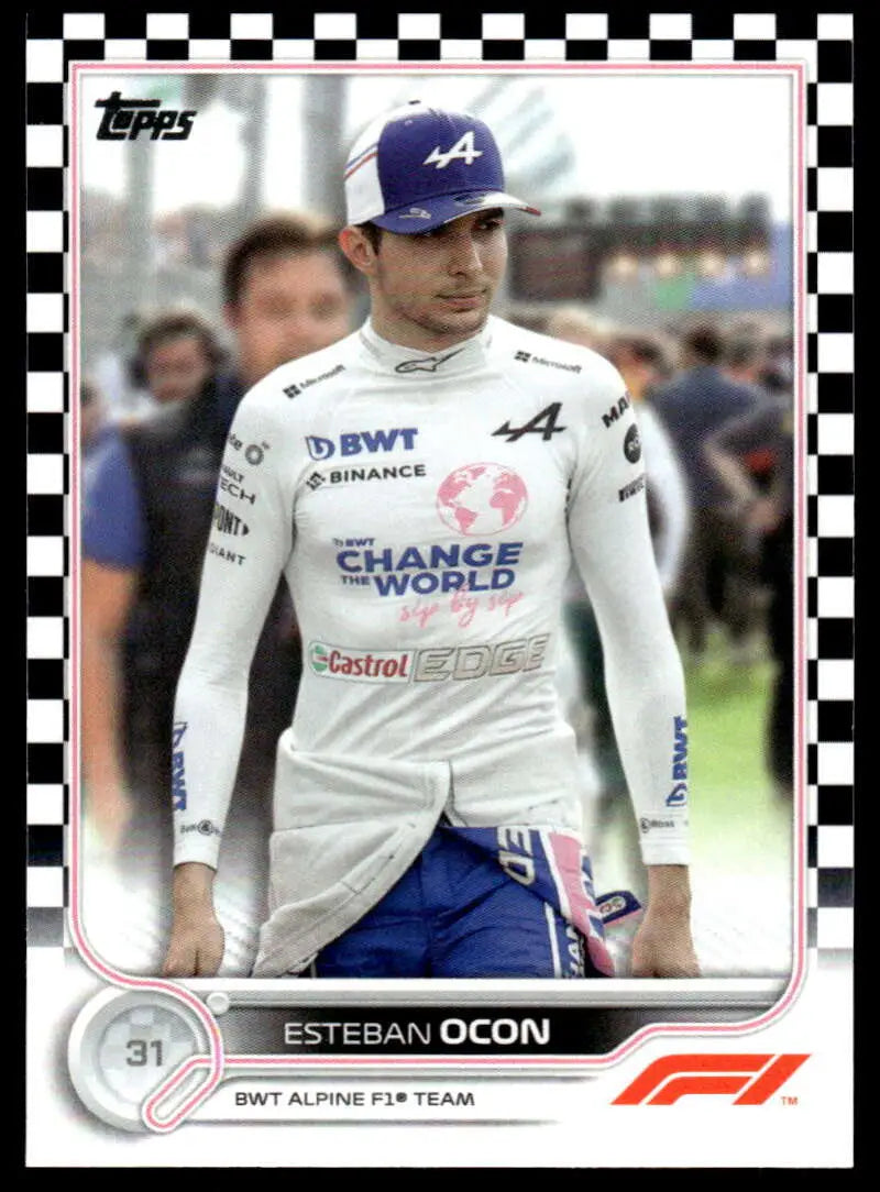 Esteban Ocon in BWT Alpine suit and cap on 2022 Topps Formula 1 Checker Flag card