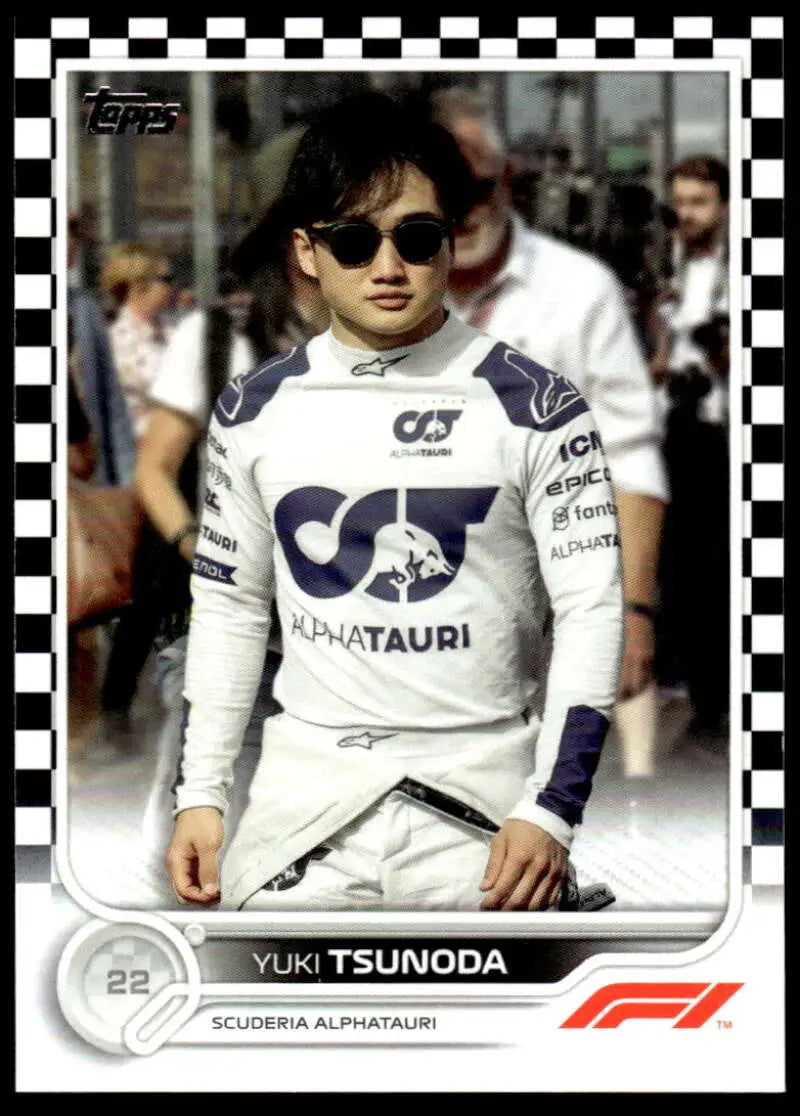 Yuki Tsunoda in white racing overalls on 2022 Topps Formula 1 Checker Flag card