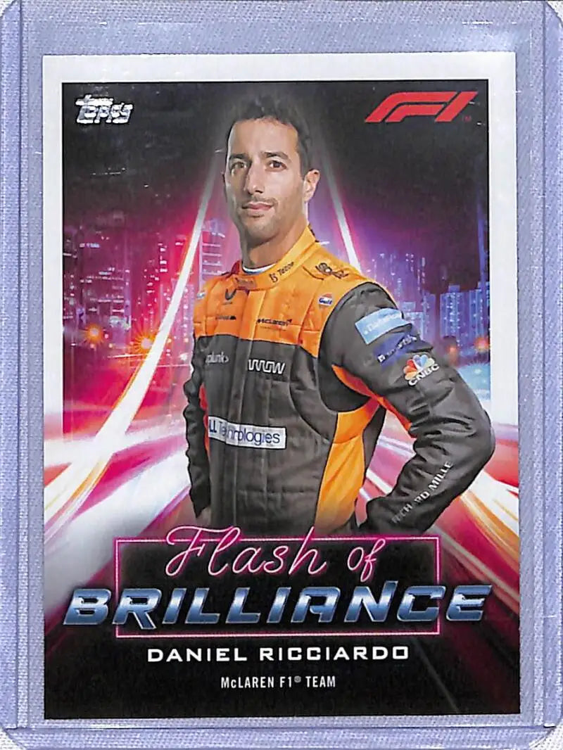 2022 Topps Formula 1 FOB-DR Daniel Ricciardo in McLaren suit against cityscape backdrop