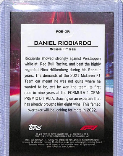 Trading card of Daniel Ricciardo from 2022 Topps Formula 1 FOB-DR on dark background