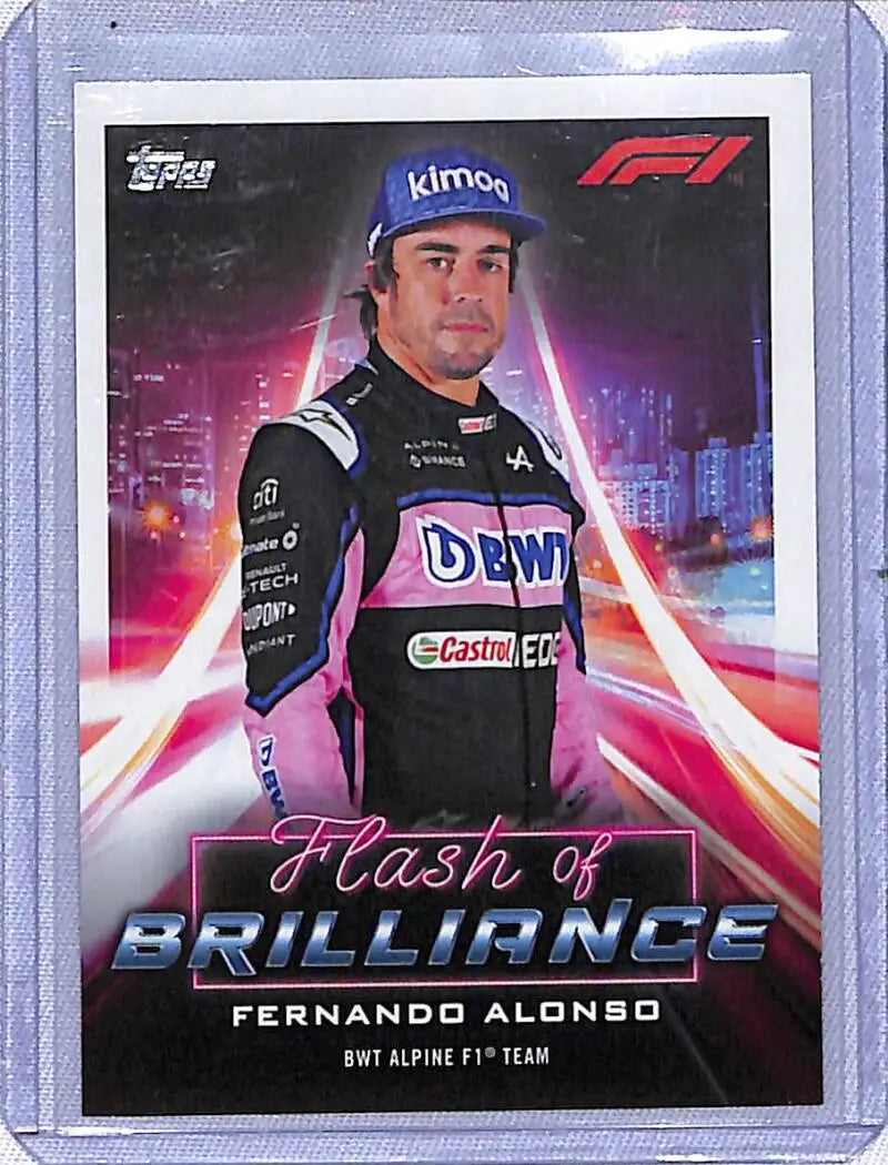 Fernando Alonso BWT Alpine trading card with pink and purple design by Topps Formula