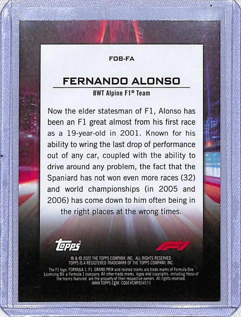 Trading card of Fernando Alonso showcasing achievements with BWT Alpine in Topps Formula 1