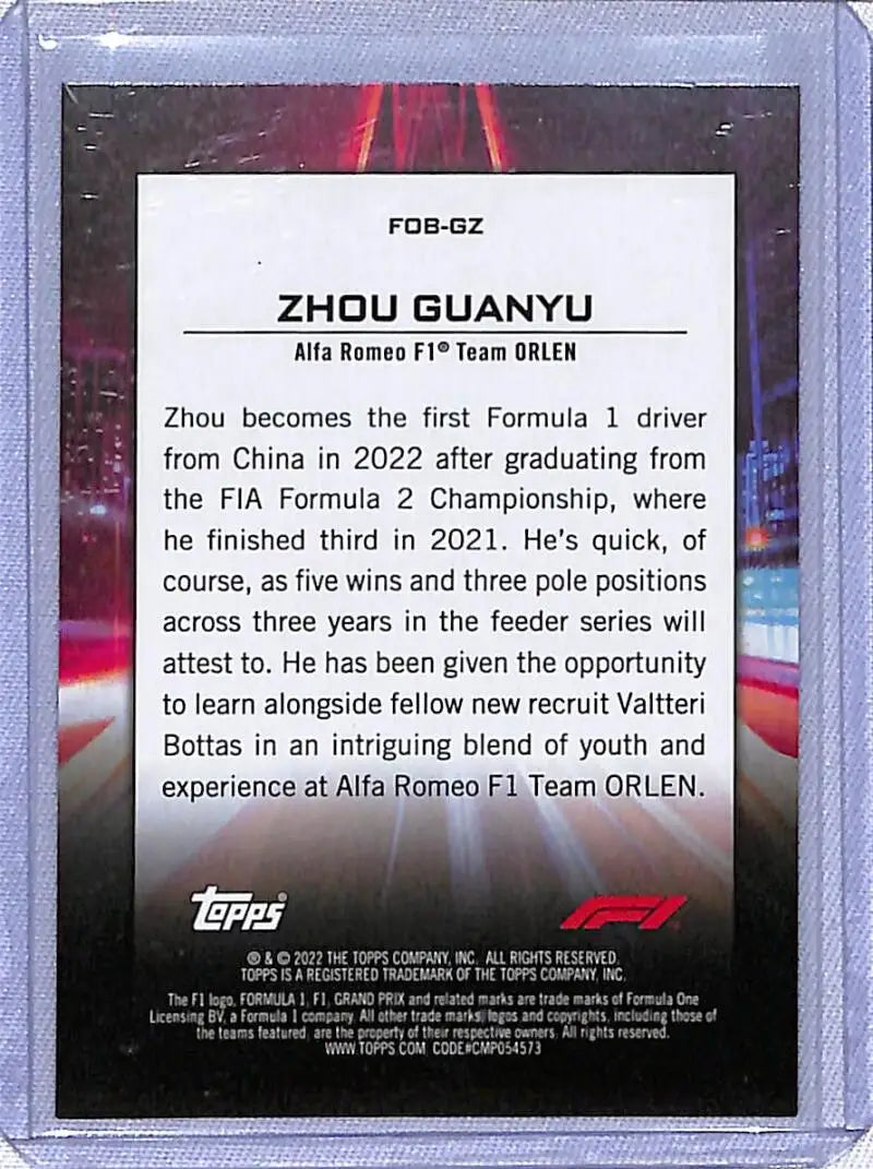 Trading card of Zhou Guanyu’s achievements with Alfa Romeo in Topps Formula 1 series