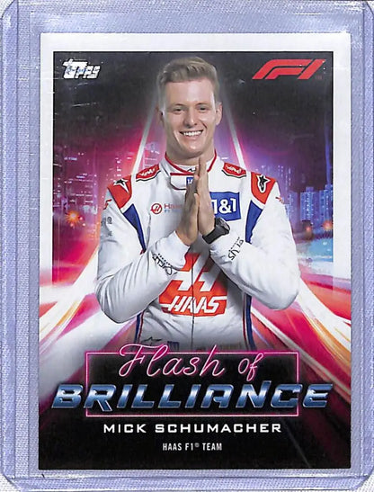 Mick Schumacher Topps Formula 1 trading card with Haas driver in neon backdrop