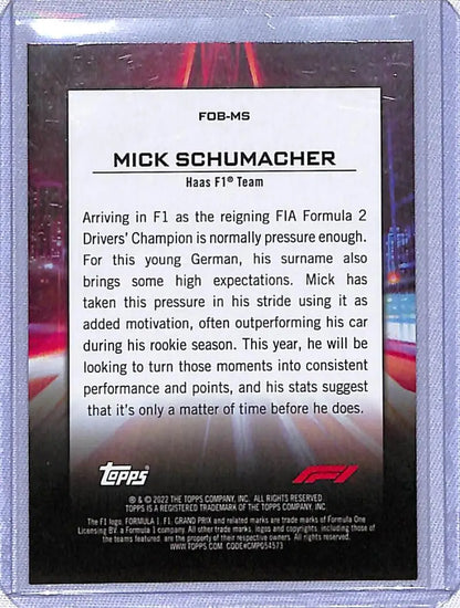 Trading card of Mick Schumacher from Topps Formula 1 featuring Haas team details