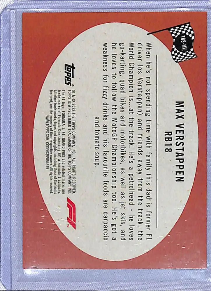 Back side of 2022 Topps Formula 1 RB18 Max Verstappen card with checkered flag logo