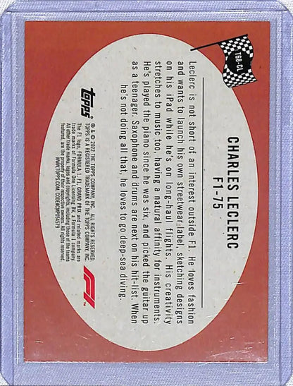 Back of Topps Formula 1 trading card featuring Charles Leclerc and checkered flag logo