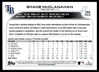 Shane McClanahan baseball card from 2022 Topps Future Stars Tampa Bay Rays #244