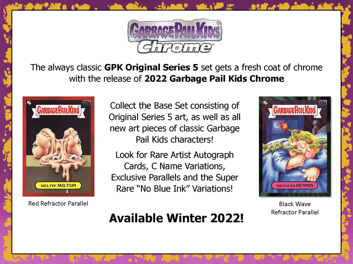 Advertisement for 2022 Garbage Pail Kids Chrome trading card collection in Hobby Box