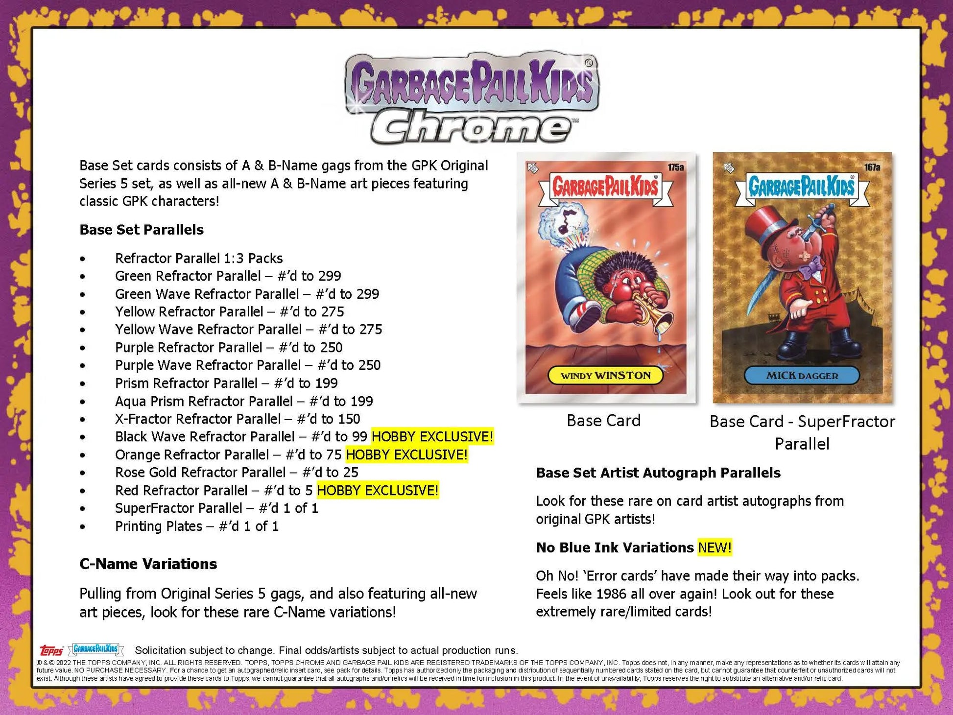 Information sheet on Garbage Pail Kids detailing Original Series base sets and variations