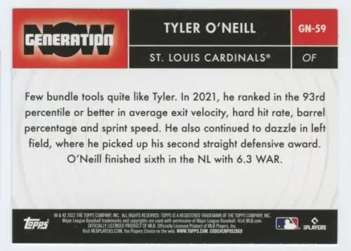 Baseball card of Tyler O’Neill showcasing 2021 stats, Topps Generation Now original gloss