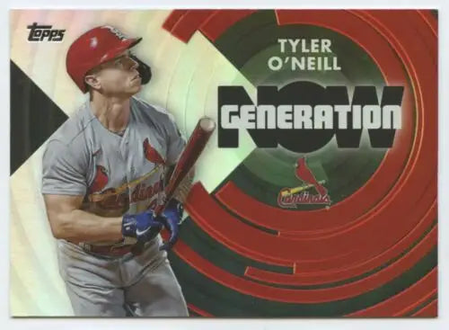 Baseball card of Tyler O’Neill in batting stance with Topps Generation Now design