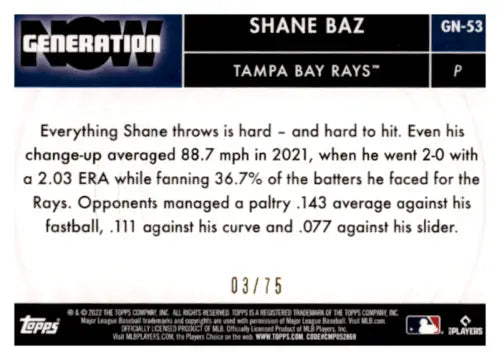 Shane Baz baseball card 2022 Topps Generation Now Gold original gloss Rays ID:44336