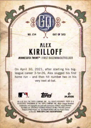 2022 Topps Gypsy Queen #234 Alex Kirilloff baseball card with original gloss NM-MT Twins