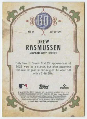 Baseball card back of 2022 Topps Gypsy Queen #24 Drew Rasmussen with original gloss