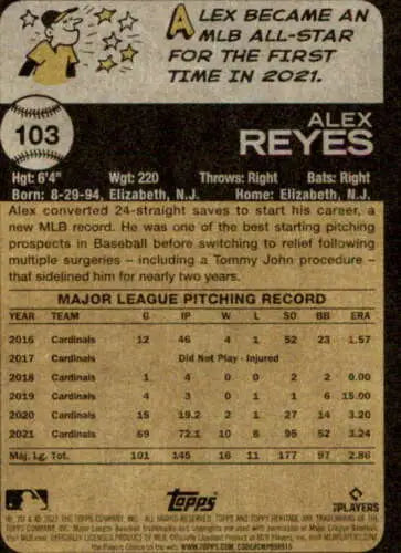 Baseball card back of 2022 Topps Heritage #103 Alex Reyes showcasing original gloss