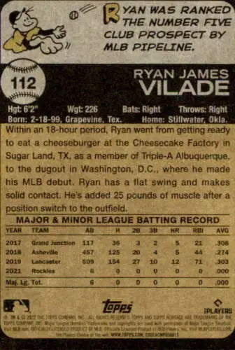 Baseball card back of 2022 Topps Heritage #112 Ryan Vilade, showcasing original gloss