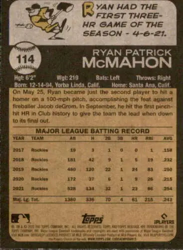 2022 Topps Heritage #114 Ryan McMahon baseball card with original gloss Rockies ID:41244