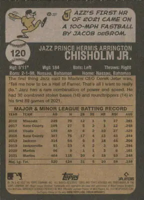 Back view of 2022 Topps Heritage #120 Jazz Chisholm Jr. Miami Marlins baseball card