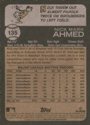 Baseball card back of 2022 Topps Heritage #135 Nick Ahmed Arizona Diamondbacks