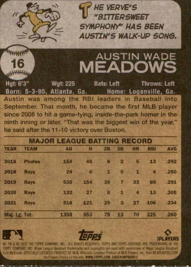 Baseball card back of 2022 Topps Heritage #16 Austin Meadows NM-MT Rays with original gloss