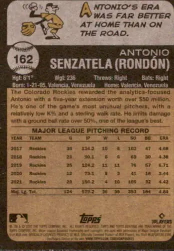 Baseball card back of 2022 Topps Heritage #162 Antonio Senzatela with original gloss