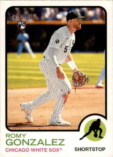 Baseball card of Romy Gonzalez fielding a ground ball in Topps Heritage pinstripes