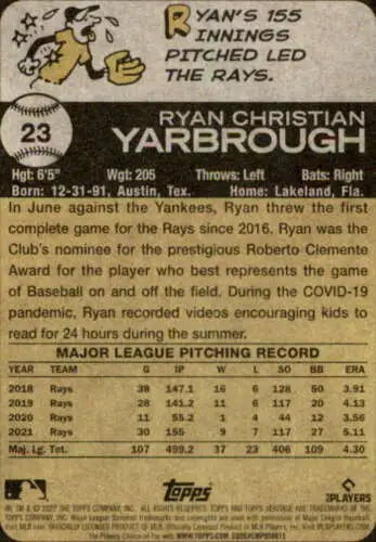 Baseball card back of 2022 Topps Heritage #23 Ryan Yarbrough with original gloss